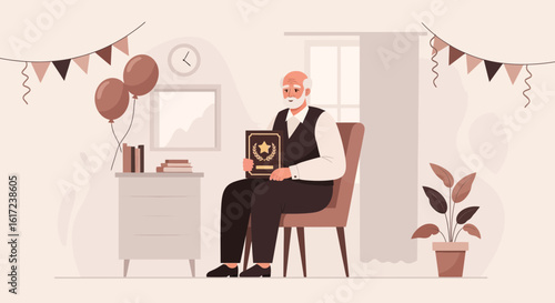 Happy Grandfather Celebrates Special Achievement With Dignity And Pride At Home
