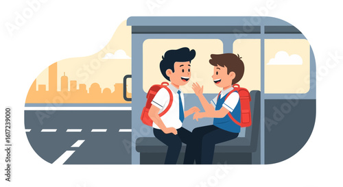 Happy Schoolboys Chatting At The Bus Stop After School In Urban City