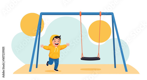 Joyful Boy Running Towards Swing Set In The Park During Summer Day