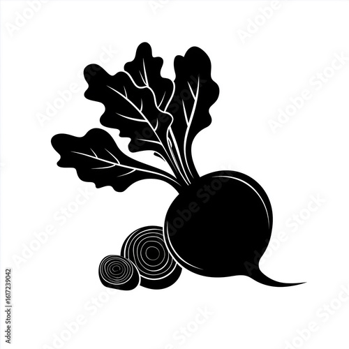 Beetroot and slices with leaves showing in black and white silhouette
