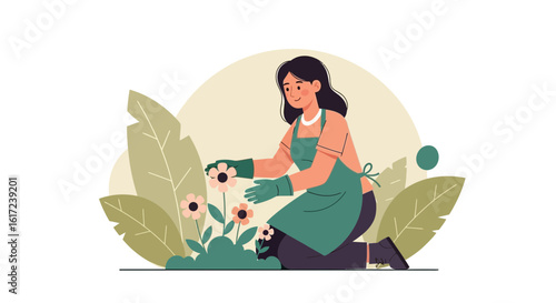 Happy Woman Gardening Flowers In Green Apron During Sunny Day Illustration