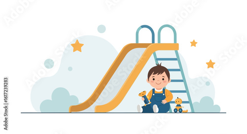 Joyful Child Playing By The Slide With Toys For Childrens Illustration