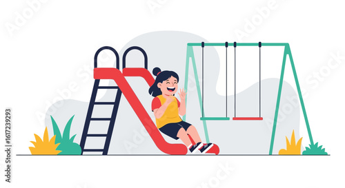 Joyful Child Gliding Down Slide at a Vibrant Playground with Swings Set