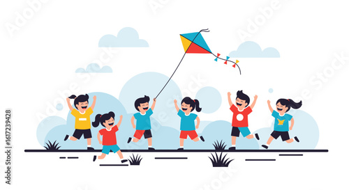Joyful Children Play With Kite During A Sunny Day Outdoor Activity