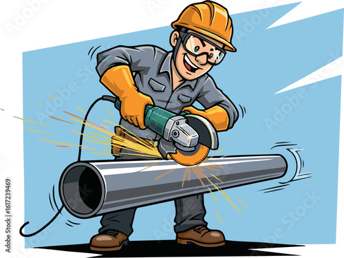 Cartoon Construction Worker Cutting a Metal Pipe with a Grinding Wheel
