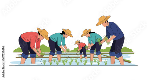 Hardworking Farmers Planting Rice Seedlings in a Field with Traditional Straw Hats