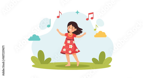 Joyful girl dancing happily in nature surrounded by musical notes illustration