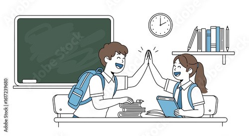 High Five Between Cheerful Students At School Desk Near Blackboard