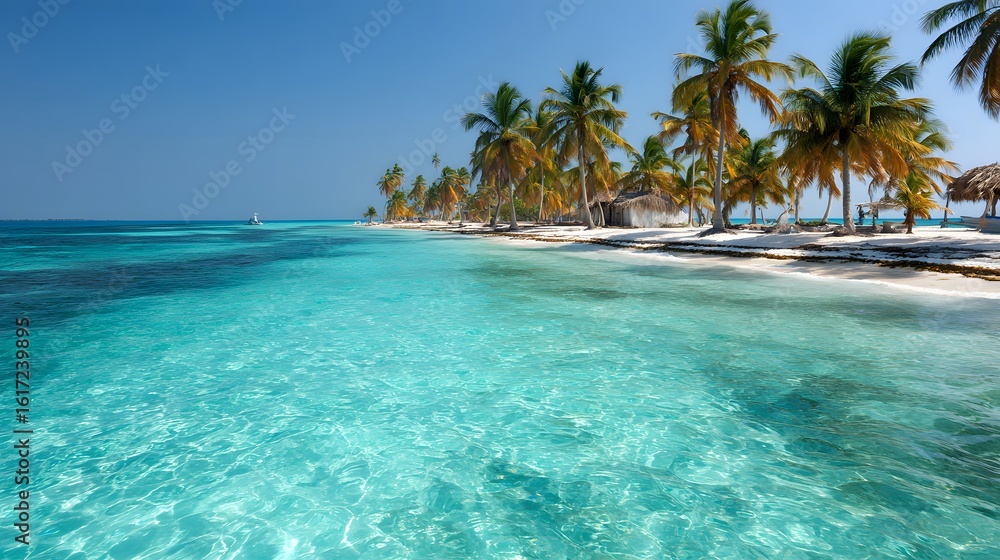 Naklejka premium Tropical paradise beach scene with crystal clear water and palm trees.