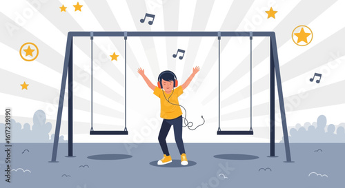 Joyful Kid Enjoys Music with Headphones on Playground Swings Illustration