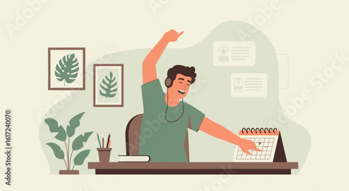 Joyful Man Celebrates Deadline Achievement While Listening to Music at Home