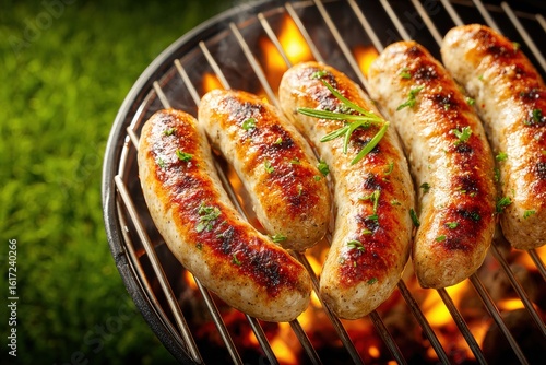 Fototapeta Naklejka Na Ścianę i Meble -  Delicious sausages grilling on a barbecue grill with flames and rosemary, perfect for a summer cookout
