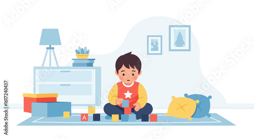 Joyful Toddler Building Tower From Blocks On The Rug In Room At Home