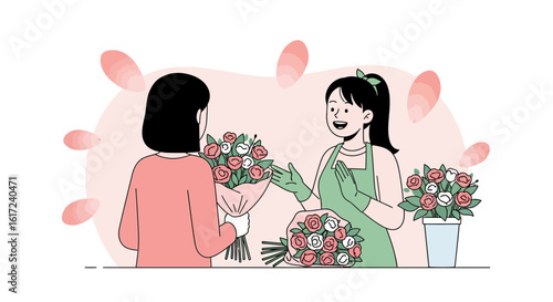 Illustration depicting a florist interacting with a customer purchasing a bouquet of roses in a flower shop