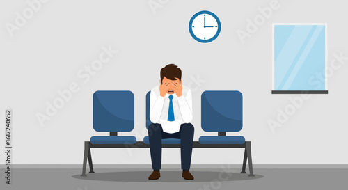 Illustration Depicting a Stressed Businessman Waiting on a Bench in Anxiety