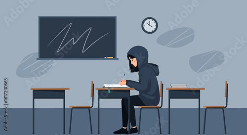Illustration depicting a student experiencing sadness and loneliness in classroom setting