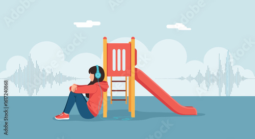 Illustration depicting a young woman with headphones, sitting near playground equipment, with sound waves in the background, conveying introspection