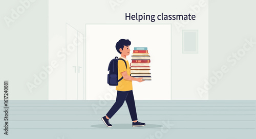 Kind Student Carries Books Back To Class After School Assistance Moment