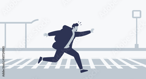 Late Businessman Rushing Across Zebra Crossing To Catch Transportation Means