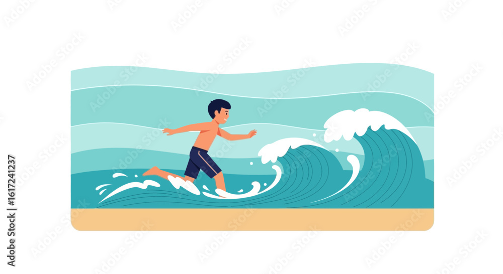Obraz premium Illustration of a boy running from ocean waves on a sunny day vacation scene