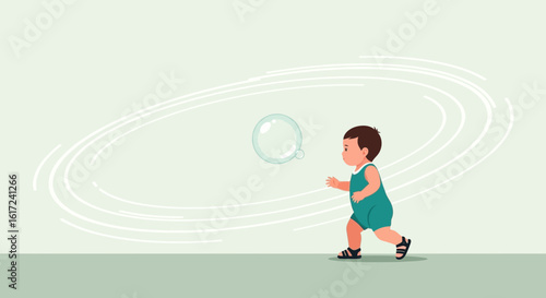 Little Boy Chasing Bubble Joyful Moments Of Childhood In Flat Vector Illustration