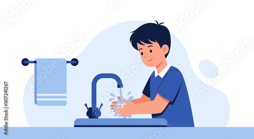 Illustration of a boy washing his hands thoroughly in a bathroom sink for good hygiene practice