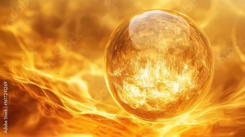 A surreal image of a crystal orb slowly forming life inside suspended in warm golden fluid