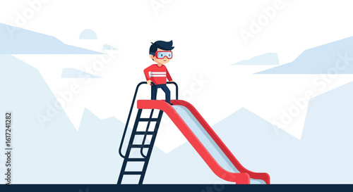 Illustration of a boy wearing goggles standing at the top of a red slide with a mountain backdrop
