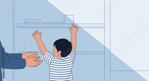Little Boy Reaching For Something On High Shelf In Kitchen Family Scene
