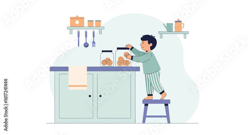 Little Boy Sneaking Cookies from A Jar in the Kitchen Interior