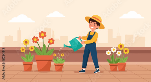 Illustration of a cheerful child gardener watering flowers in pots on a rooftop garden with a cityscape background