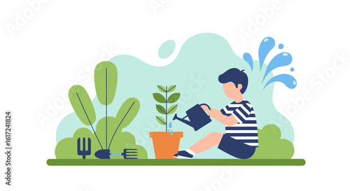 Illustration of a child watering a plant in a pot promoting growth and care for nature nurturing growth and responsibility starting early age