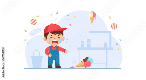 Illustration Of A Crying Boy Whose Ice Cream Has Fallen On The Floor