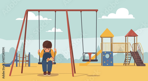 Lonely Boy Sits Sad On a Swing, Depressed Child Holds Toy in Playground