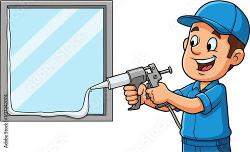 Cartoon handyman sealing a window frame with a caulking gun, smiling