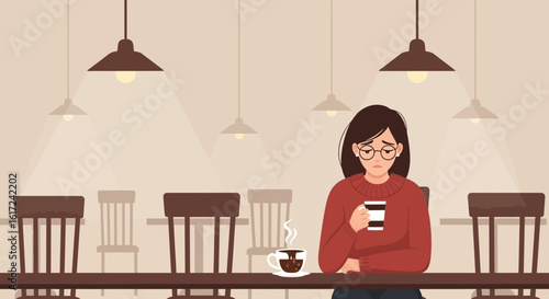 Lonely Woman Holding Coffee Cup In Cafe With Sad Expression Flat Style