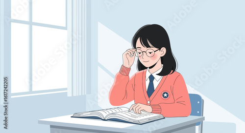Illustration of a diligent student studying at her desk near a bright window