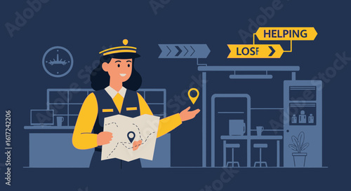 Illustration of a dispatcher helping to navigate with a map and directional signs