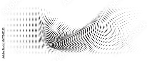 Flowing Wave Dot Halftone Pattern: Curve Gradient Shape on Transparent Background. Suitable for AI, Tech, Network, Digital, Science, and Technology Themes.