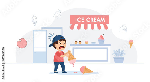 Illustration of a distraught boy dropping his ice cream cone at the ice cream shop happy childhood moments and summertime treats