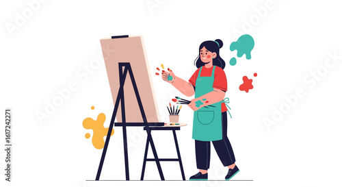 Illustration of a female artist painting on a canvas in her studio with colors splatters artful background