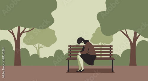 Lonely woman sitting on park bench expressing sadness and solitude in nature environment and tree background