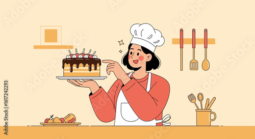 Illustration of a female chef presenting a chocolate cake with cherry toppings in the kitchen
