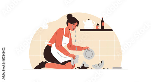 Illustration of a frustrated woman dropping and breaking plates in the kitchen