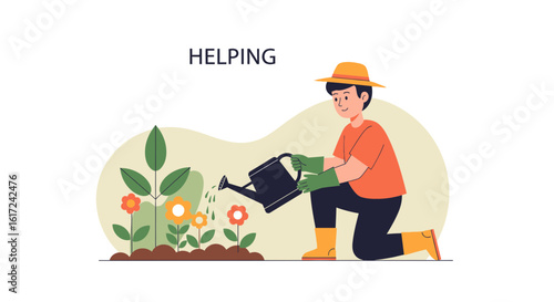 Illustration of a gardener watering flowers to promote growth and care for nature