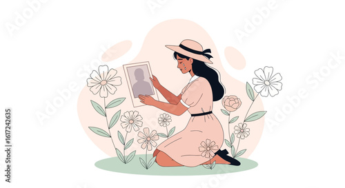 Illustration of a grieving woman looking at a picture in a flower garden scene
