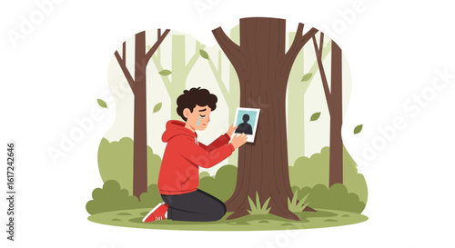 Illustration of a grieving young man mourning at a memorial tree in a forest dedicated to a lost loved one
