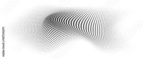 Flowing Wave Dot Halftone Pattern: Curve Gradient Shape on Transparent Background. Suitable for AI, Tech, Network, Digital, Science, and Technology Themes.
