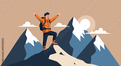 Illustration of a happy hiker reaching the mountain peak with success and accomplishment, celebrating with arms raised in triumph