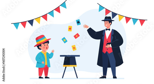 Magician Entertaining a Child With a Deck of Cards at a Party